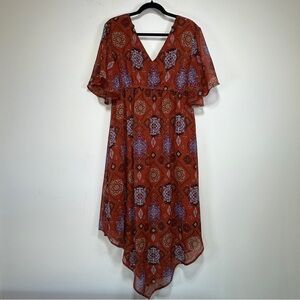 MAURICES Medallion Print Empire Waist Midi Dress Rust Boho Festival XL